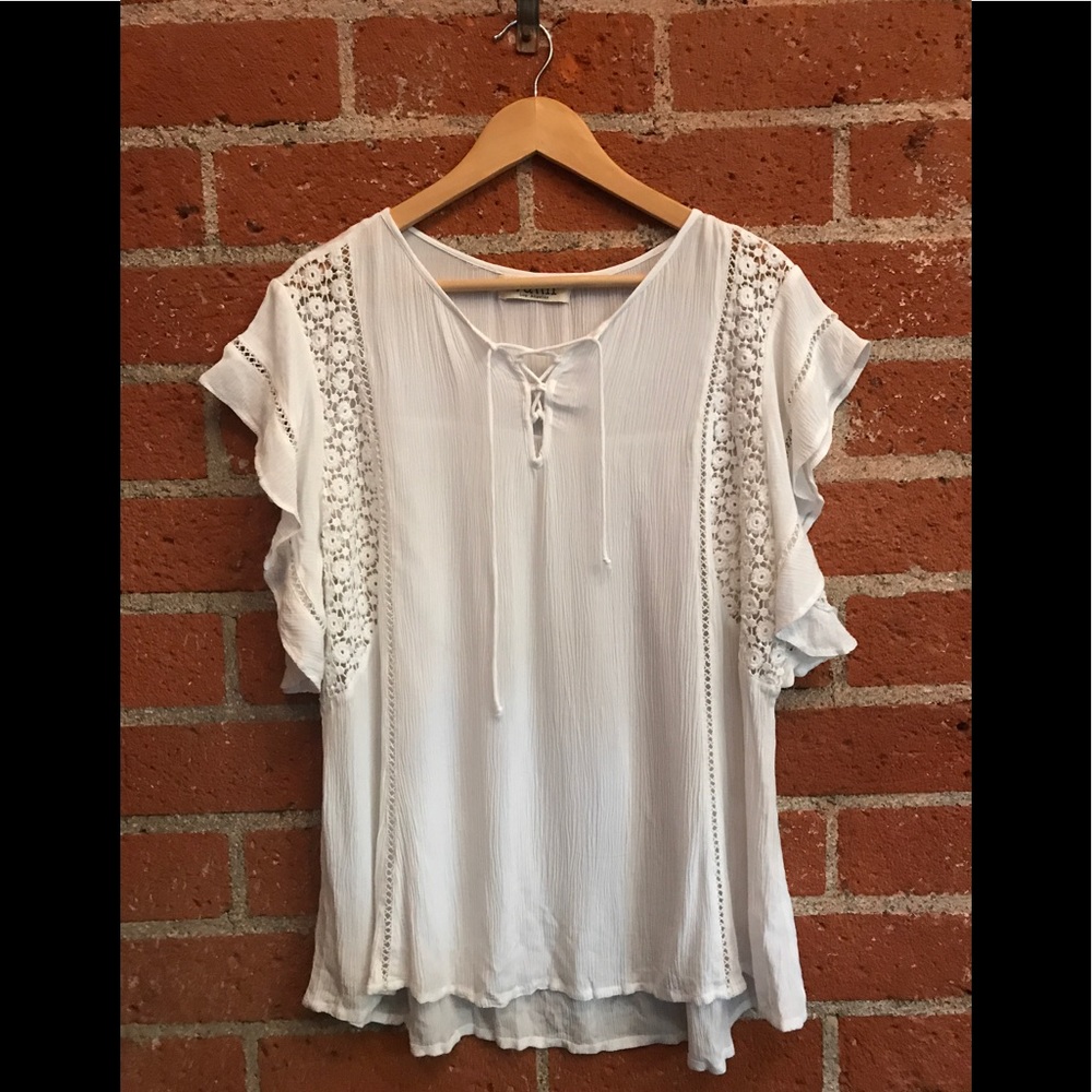 Women's lace up front flutter sleeve blouse